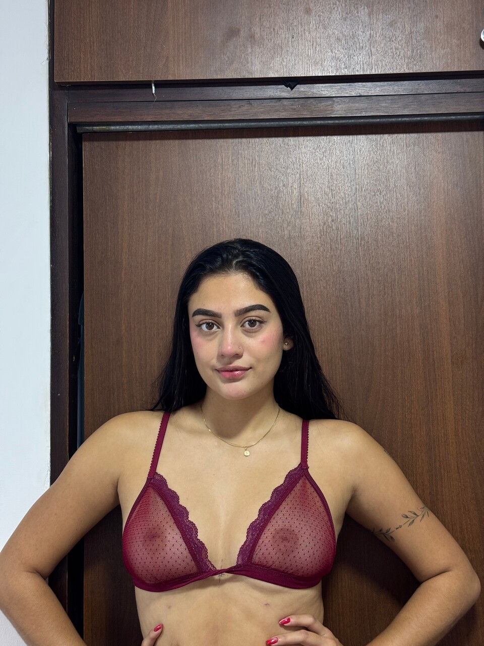 Dark haired teen models her lingerie collection in solo action
