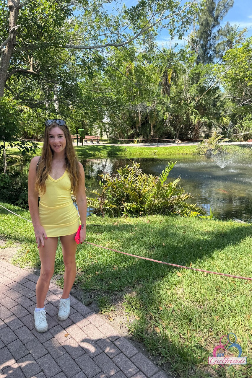 Girl next door type walks in a public place before discovering her bald pussy