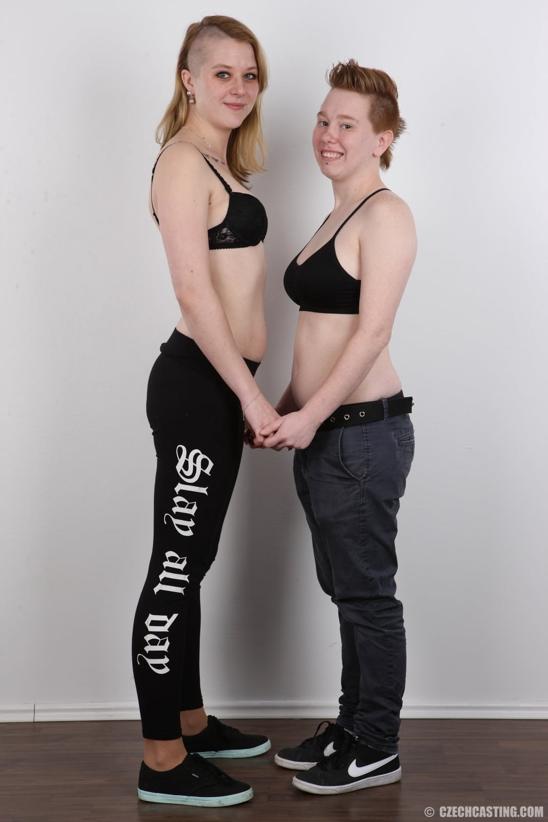 Amateur and her lesbian lover get together on a stool after going naked