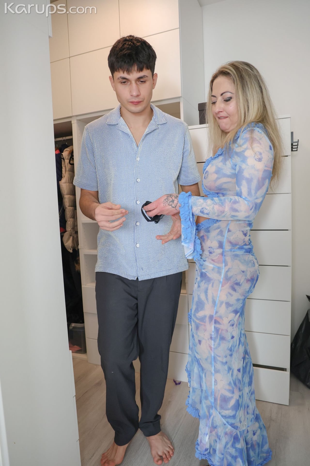Blonde woman takes a cock in her mouth and twat during the first fuck