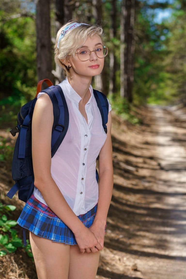 年轻女孩阿兹萨拉在树林中的土路上脱掉校服